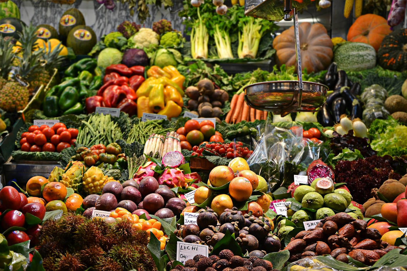 Baskets of vegetables at a market