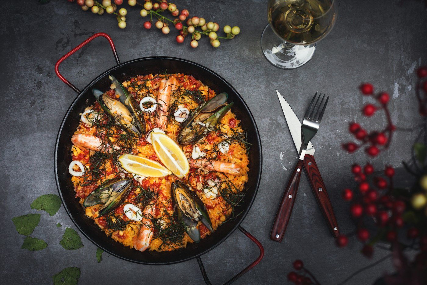 A pan of seafood paella